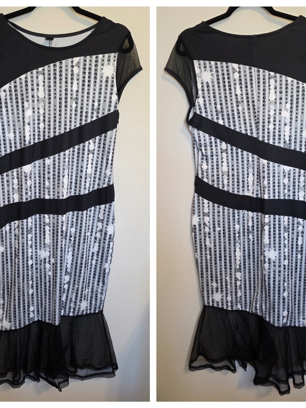 SHEIN Black and White Striped Sequined Mesh-Hem Midi Dress